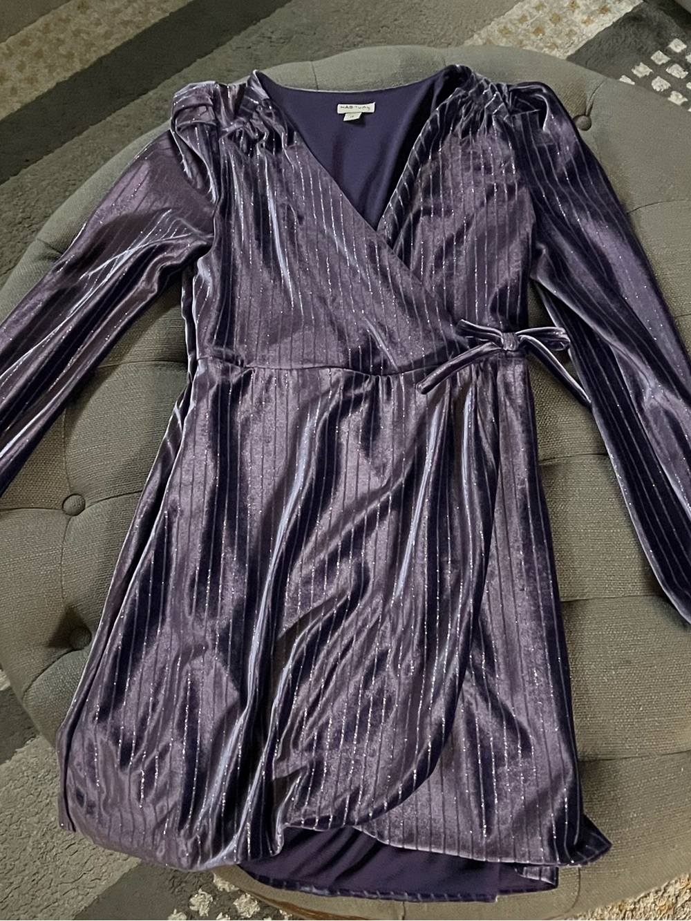 Habitual Long-Sleeve Velvet Wrap Dress in Deep Plum with Silver Pinstripes